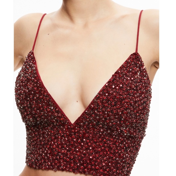 Alice + Olivia Bordeaux Red Crystal Embellished Crop Top With Smocked Back NWT - Picture 14 of 16